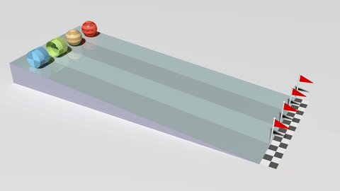 moment of inertia animation showing various shapes rolling down a ramp