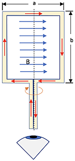 The diagram depicts a looped rectangular wire carrying current within a uniform magnetic field (B), causing the wire loop to rotate about its central axis.