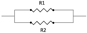 A circuit diagram showing two resistors, R1 and R2, connected in parallel with horizontal wires entering and exiting both ends.