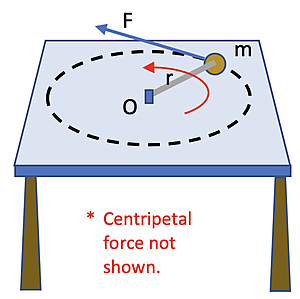 A ball with mass m is shown in circular motion on a flat surface, with arrows illustrating forces and motion.