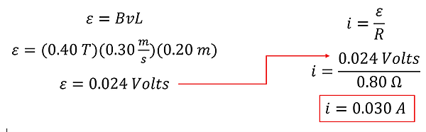 Using the simplified e = B v L equation, we plug in 0.4 Tesla for B, 0.3 meters per second for v, and 0.2 meters for the Length to get 0.024 volts.  That over 0.8 ohms to get 0.03 amps.