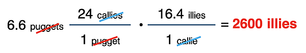 Factor label solution for a two-step conversion between two nonsense units for which equivalence statements are given.