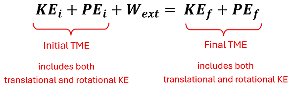 The equation for the Total Mechanical Energy in an open system.  KE sub i (Initial Kinetic Energy, which includes both Translational and Rotational) plus PE sub i (Initial Potential Energy) plus W sub ext (External Work added) = KE sub f (Final Kinetic Energy) plus PE sub f (Final Potential Energy)