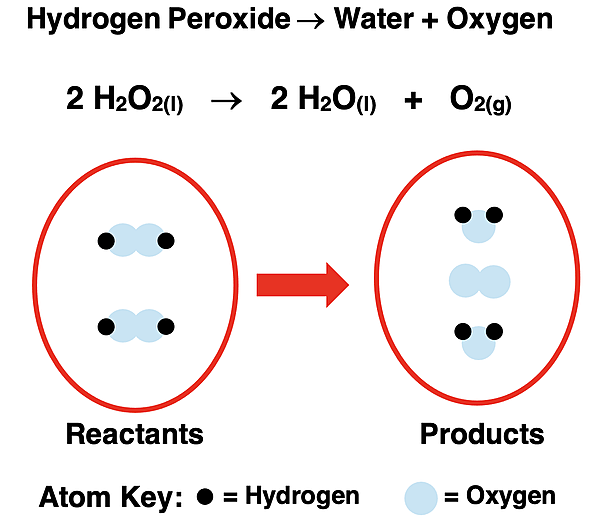Representation of the hydrogen peroxide decomposition reaction by particle diagrams, a word equation, and a balanced chemical equation.