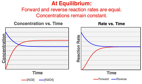 Concentration vs. Time and Rate vs. Time graphs for the 2 NO2 N2O4 reversible system.