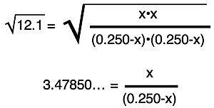 Two algebraic steps in the complete solution for the value of x using the equilibrium constant equation and the values and expressions from the equilibrium row of an ICE table.