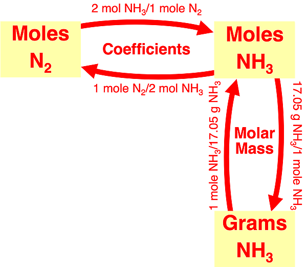 Flow diagram illustrating conversion factors linking grams of a product to moles of a reactant in stoichiometry; specific to ammonia synthesis reaction.