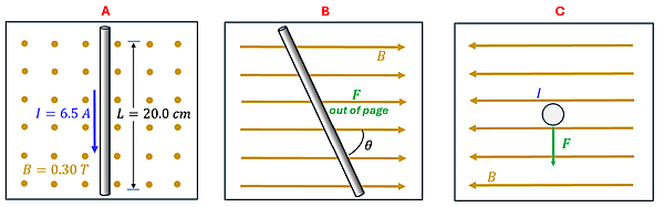 Three pictures of wires. Picture A is a wire with a current top to bottom of 6.5 amps, length of 20 cm, in a magnetic field going out of the page at 0.30 Tesla. Picture B shows a 60 cm wire with a current of 2.0 amps at an angle