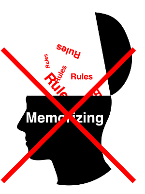 Graphic discouraging students from memorizing rules for solving every type of stoichiometry problem and instead relying on factor label method.