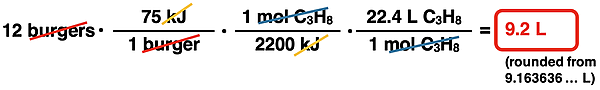 Factor label solution for converting from energy in kJ to the volume of a gaseous reactant at STP.