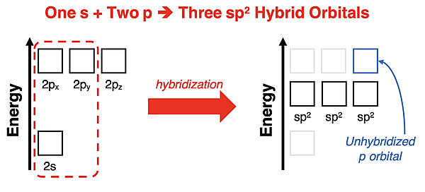 Energy level diagram showing s and two p orbitals hybridizing to form three equal-energy sp2 orbitals.