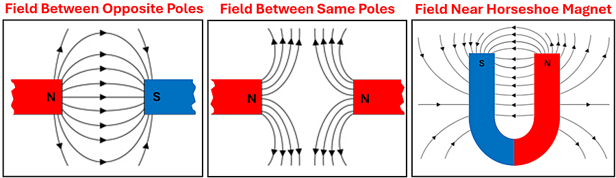 Three diagrams of magnets and magnetic lines. First showing the North end of a magnet facing the south end of another magnet with magnetic lines going from the north to the south. The second showing the north end of a magnet facing the north end of another magnet with the magnetic fields arcing away from each other. The third shows a Horseshoe magnet with magnetic lines going from the North to the south in various paths (circular and straight)