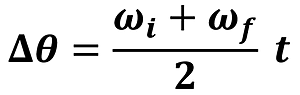 The equation for change in angular velocity given initial and final angular velocity and time.  Delta Theta (Change in angular distance) equals the sum of Omega sub i (angular velocity initial) plus Omega sub f (angular velocity final) over 2 multiplied by t (time).