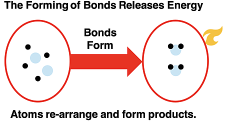 Bond forming steps in chemical reactions release energy and result in atom rearrangement and new products.