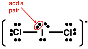 Lewis electron dot diagram for ICl2- ion showing the 10 valence electrons on the central atom.