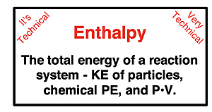 Definition of enthalpy as the total energy of a reaction system - KE of particles, chemical PE, and P•V.