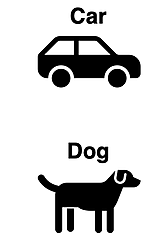 An object's classification is based on observable properties; picture of car and of dog.