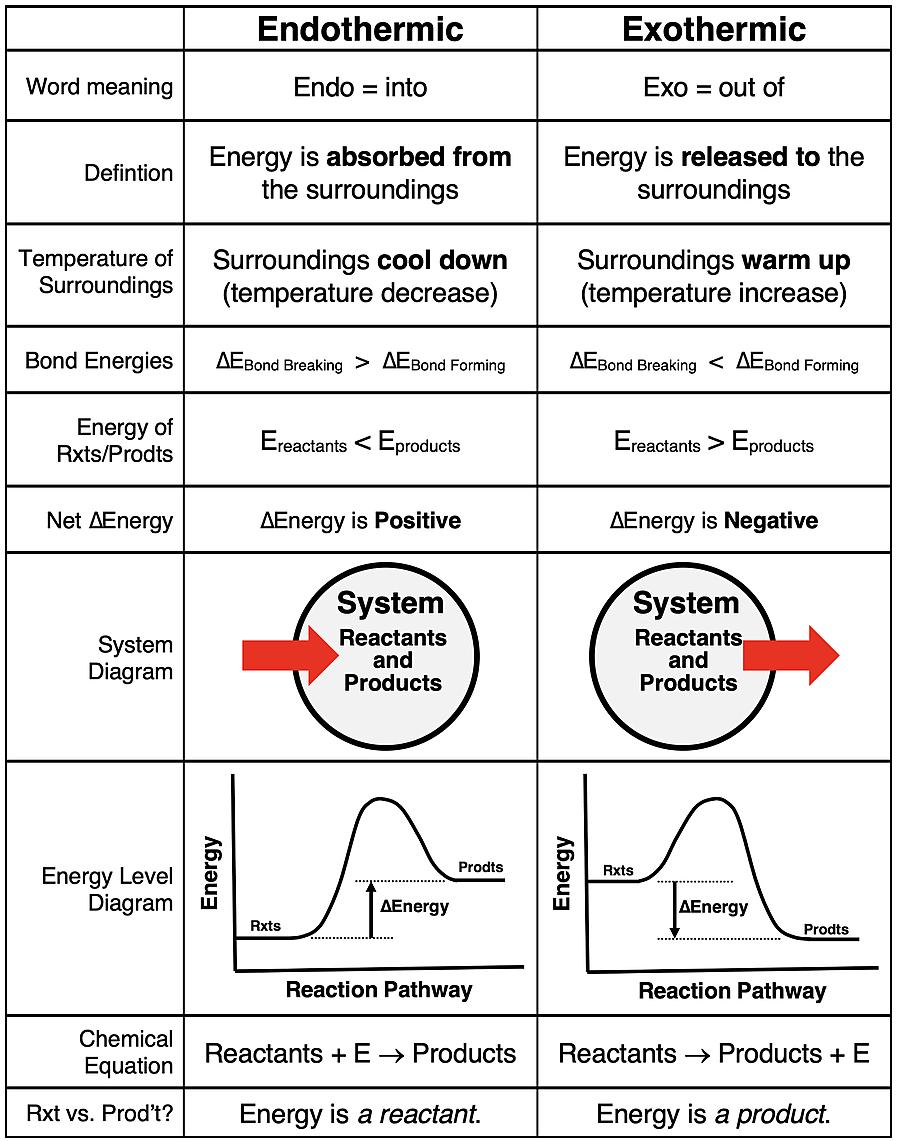 Table contrasting endothermic processes and exothermic processes on the basis of 10 criteria.