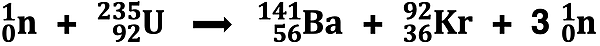 Nuclear equation for the bombardment-induced fission of uranium-235 into Ba-141 and Kr-92.