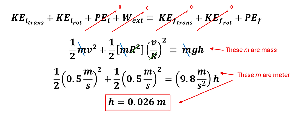 The equations and solutions for Example 4.  There are 4 major steps.  First we start with the Conservation of Energy in an Open system KE sub i-trans plus KE sub i-rot plus PE sub i plus W sub ext = KE sub f-trans + KE sub f-rot plus PE sub f.  Next, we substitute the equations for each: KE translational 1/2 M v squared, KE rotational with 1/2 I omega squared, PE with m g h, and for external work we put 0 because the friction is neither slowing down the ring's translational motion nor slowing down rotation. The Final velocity and angular velocity are 0 so KE sub f-trans and KE sub f-rot are both 0, and the initial height of the ring is 0 so PE sub i is also 0.  Next, we replace omega (angular velocity) with v / r (since velocity = radius times angular velocity - a linking equation).  The mass values will cancel out on both sides, and we plug in velocity of 0.5 meters per second and solve for h, which is 0.026 meters.