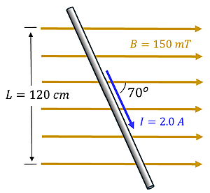 A current carrying wire with current going down and to the right at a 70 degree angle to the right, with a current of 2 amps and a length (top to bottom) of 120 cm, with a rightward magnetic field of 150 milli-Tesla.