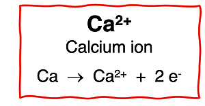 Calcium ion with name, ion symbol, and ion formation equation.