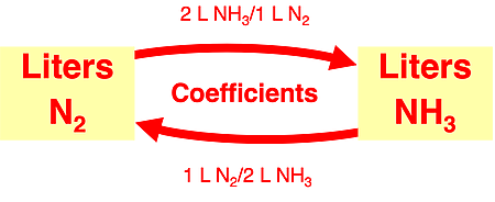 Graphic organizer displaying the relationship between liters N2 and liters NH3 in the ammonia synthesis reaction.