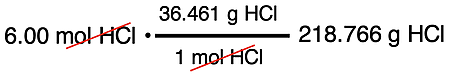 Example calculation of the mass of HCl from the moles of HCl and the molar mass.