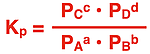 General format of the pressure equilibrium constant (Kp) equation for a homogeneous, gas-phase reaction; uses partial pressures of gases.