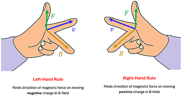 An image showing the Force-Finding Left and right hand rules. Left hand for negative charges moving in a B-Field, and right hand for positive charges moving in a B-Field.