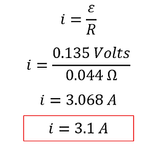 Given 0.14 volts before (rounded), divided by 0.044 ohms gives 3.2 amps. If you used the actual volts of 0.135 then the answer would be 3.07 amps
