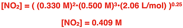 Calculation of an equilibrium concentration for a product; shows substitution and algebraic manipulation steps.