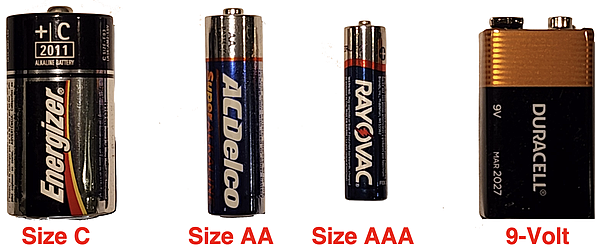 Photo of Size C, Size AA, Size AAA, and 9-volt batteries.