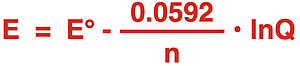 Equation for calculating the cell potential for non-standard concentrations at 25°C.