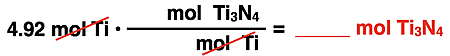 Shows the conversion factor set up with unit cancellation for converting from moles of a reactant to moles of a product.
