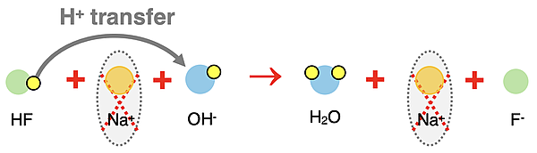 Particle diagram representing net ionic equation for reaction between HF and NaOH. Proton transfer is shown.