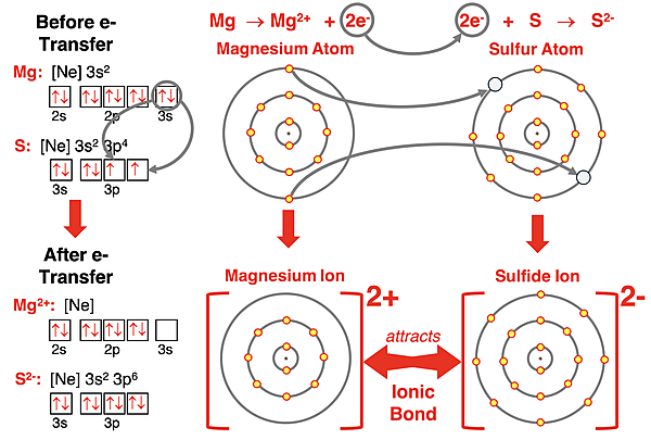 Electron shell and orbital box diagrams and e- configurations showing why Mg and S satisfy the octet rule by forming an ionic bond.