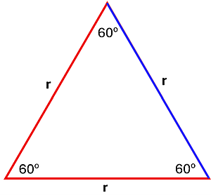 An equilateral Triangle with sides 'r' and each corner 60 degrees. The left and bottom faces are red, the right blue.