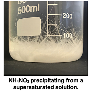 Close-up photo showing the precipitation of an ionic solid from a saturated solution as the temperature is decreased.