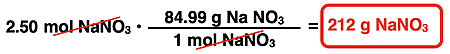 Use of a conversion factor to determine the mass of NaNO3 from the moles of NaNO3.