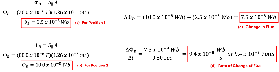 4 Equations showing the solution. The first solving for position 1 with 20 micro teslas (converted to Tesla) times the area in meters square to be 2.5 time 10 to the -8 power Webers. Position 2 has 80 micro Teslas (converted to Tesla) time the area of the loop to come to 10 time 10 to the negative 8 power webers. The net change being 7.5 time 10 to the -8 webers, and over 0.8 seconds, to be 9.4 times 10 to the negative webers per second, which weber per second = volts, so 9.4 times ten to the -8 volts.