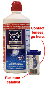 Photo of a commercial contact lens cleaning product that utilizes the catalytic decomposition of hydrogen peroxide.