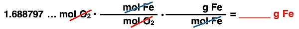 Shows the conversion factor set up with unit cancellation for converting from grams of a solid reactant (Fe) to moles of a gaseous reactant (O2), specific to Fe2O3 synthesis reaction.