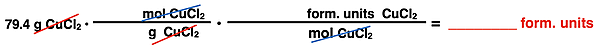 Example problem converting grams to molecules with two conversion factors (units, no numbers).