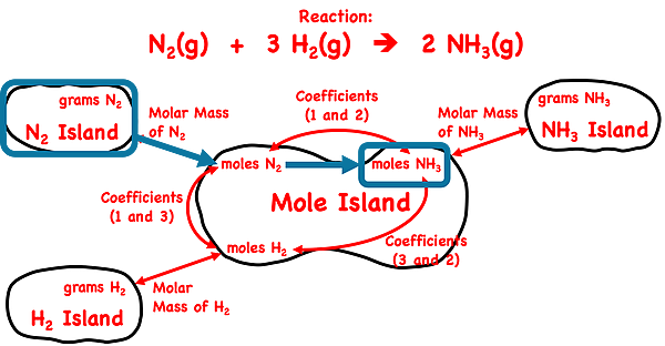 Demonstration of how to use the mole island graphic organizer to plot a conversion pathways between mass of a reactant and moles of a product; shows the conversion information used in each conversion step; specific to ammonia synthesis reaction.