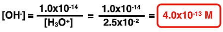 Solution to example problem, calculating hydroxide ion concentration from hydronium ion concentration.