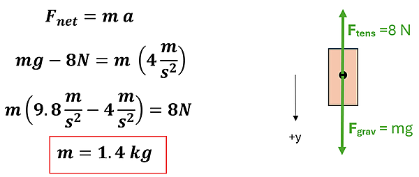 An equation and an illustration are given.  The illustration on the right show the weight with 2 force vectors, F sub tens = 8 N and F sub grav = m (mass) times g (acceleration caused gravity). An arrow pointing down shows +y meaning downward direction will be represented as a positive value.  The equations are on the left show F net = m a, and we substitute F net for m g - 8 N, and substitute a (acceleration) for 4 meters per second squared.  Since g is 9.8 meters per second squared, we solve algebraically to get the mass of 1.4 kg.