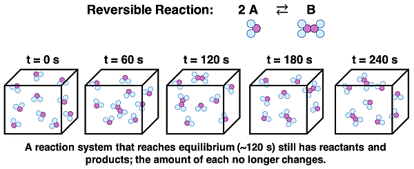 Five particle diagrams showing the contents of a container at 60-second intervals in which a reversible reaction is occurring.