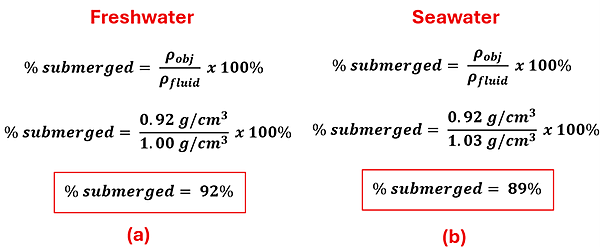 Both Freshwater and Seawater are calculated the same. We take the percent submerged = rho sub obj over rho sub fluid times 100 percent. For freshwater, 0.92 g per cubic cm over 1 gram per cubic centimeter times 100 percent is 92 percent. For seawater, 0.92 grams per cubic centimeter over 1.03 grams per cubic centimeter times 100 percent is 89 percent.