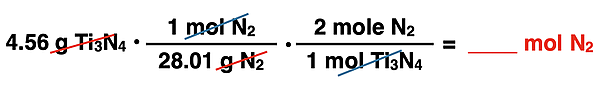 Shows the incorrect conversion factor solution - arrangement of factors with numbers, units, unit cancellation, and answer - for converting from grams of a product and moles of a reactant, specific to Ti3N4 synthesis reaction.